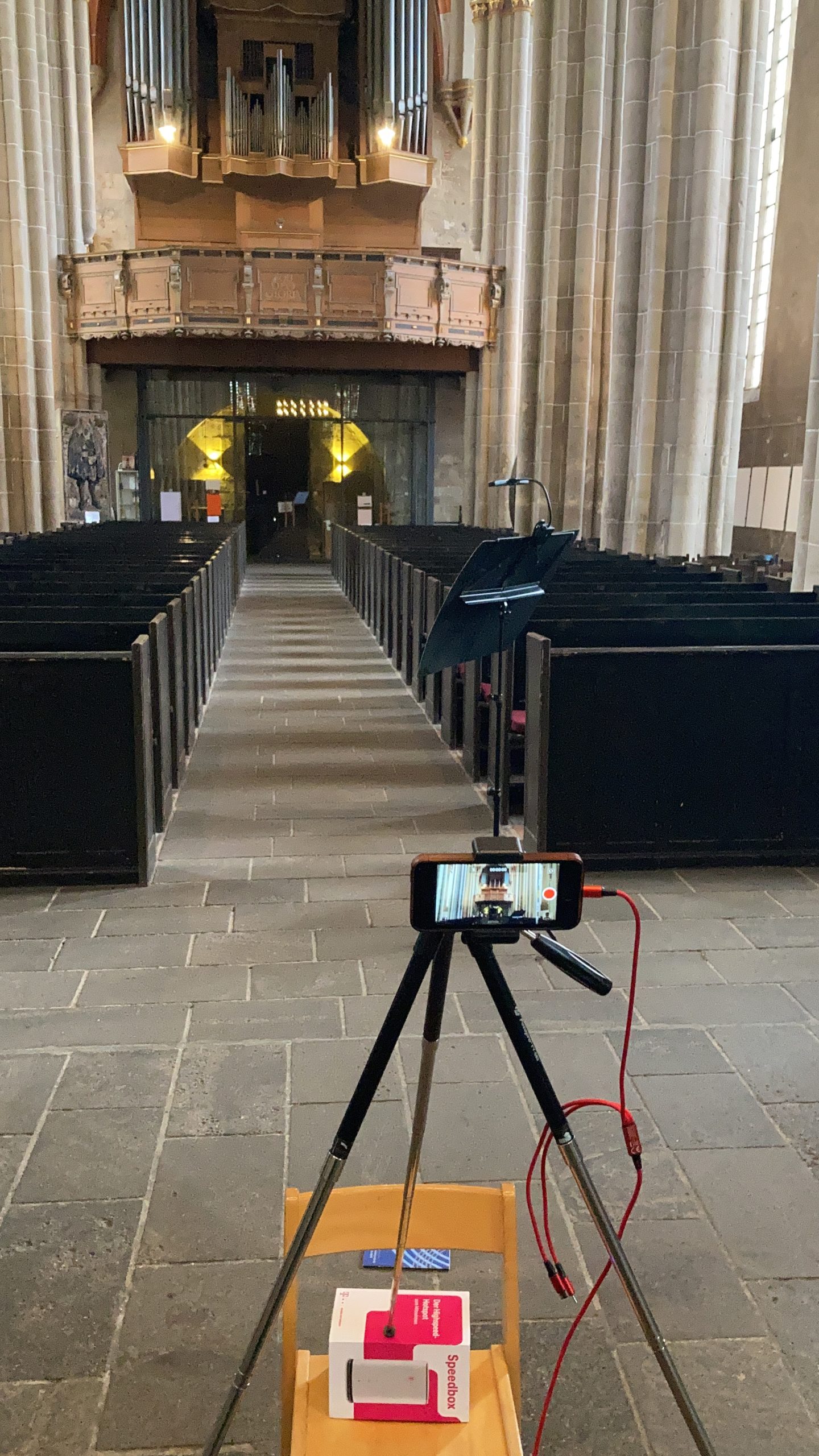 stream set-up with Bach's organ in the background