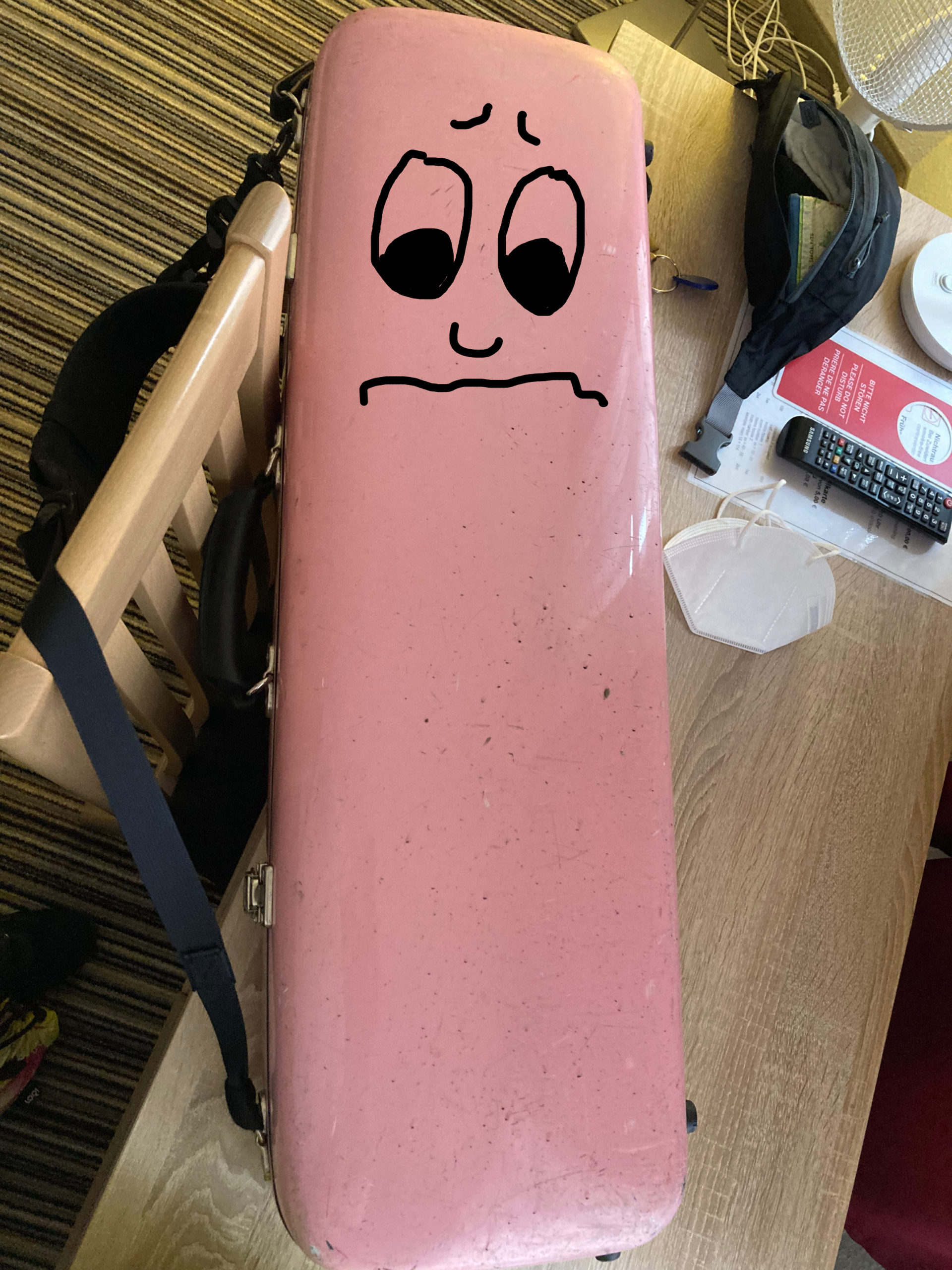 Pink Violin Case looking unhappy because mud-bespattered