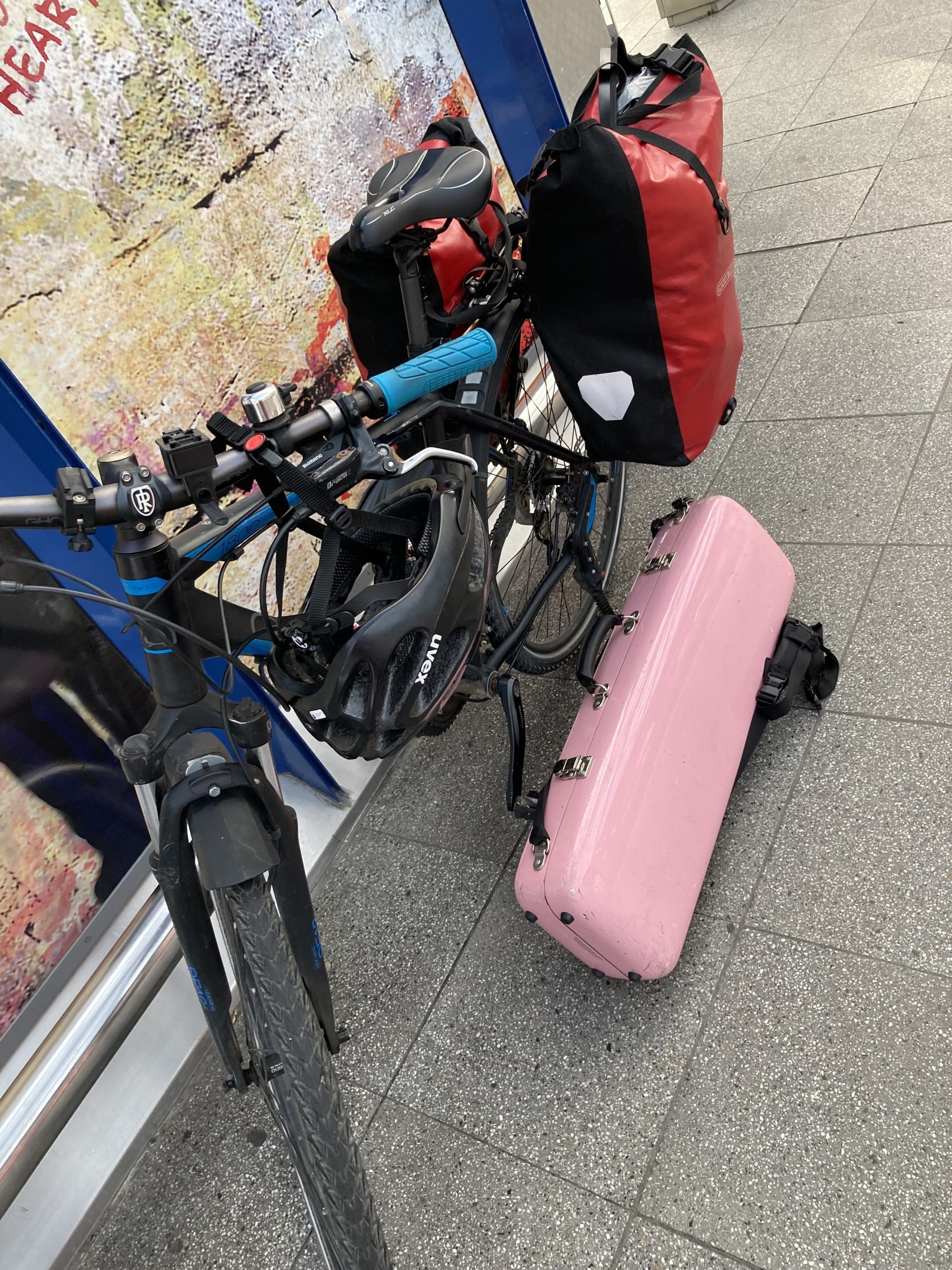 Bicycle with fully-packed saddlebags, pink violin case next to it, bike helmet hanging from handlebars